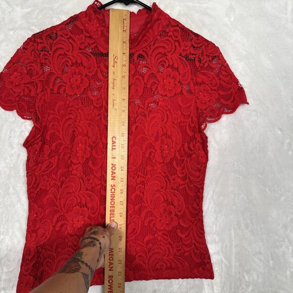 bebe Red Goth Lace Keyhole Back Top LG | Vintage Y2K Sheer Floral High Neck - Picture 7 of 11